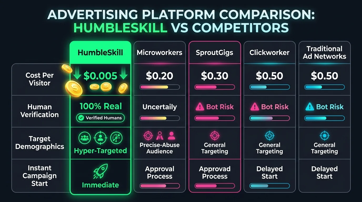 Advertising Platform Comparison: HumbleSkill vs Microworkers, SproutGigs, and Ad Networks