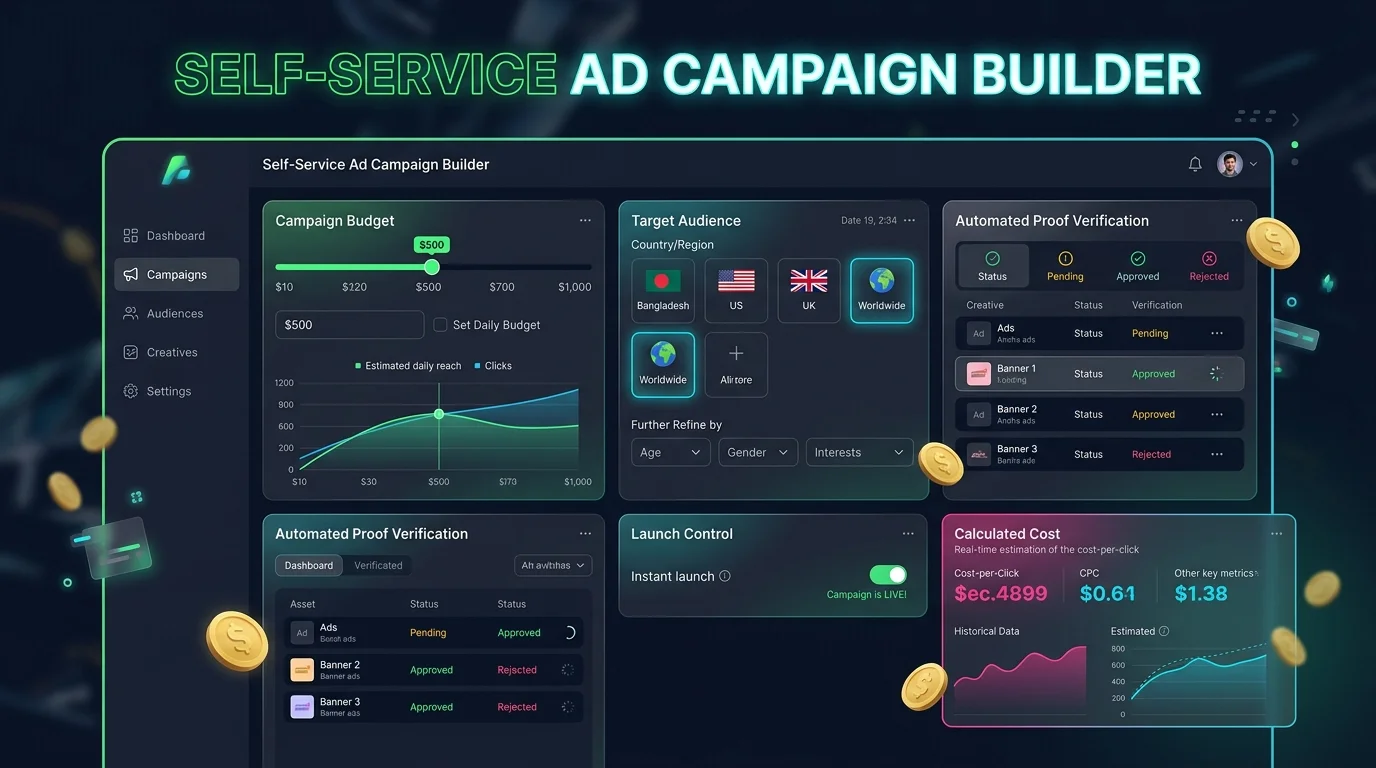 Self-Service Ad Campaign Builder with Budget Sliders and Geo-Targeting Controls